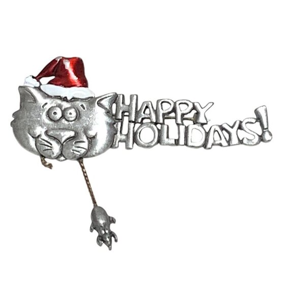 JJ Silver Tone "Happy Holidays" Cat Pin With Santa Hat & Mouse 3" - Picture 1 of 5